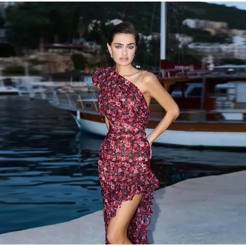 2024 Elegant Floral Print Irregular Ruffles Maxi Dress Women Chic Oblique Collar Off Shoulder Sleeveless Robe Lady Party Dresses
