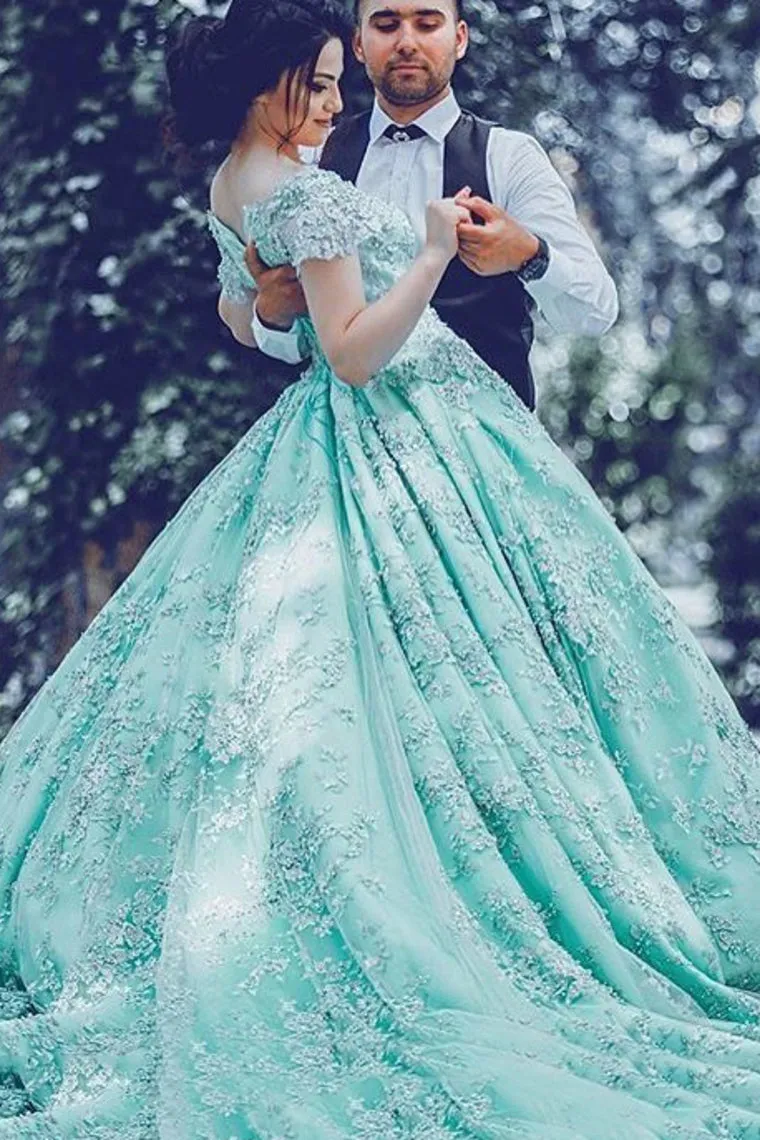 2024 Off The Shoulder A Line Lace Prom Dresses Chapel Train