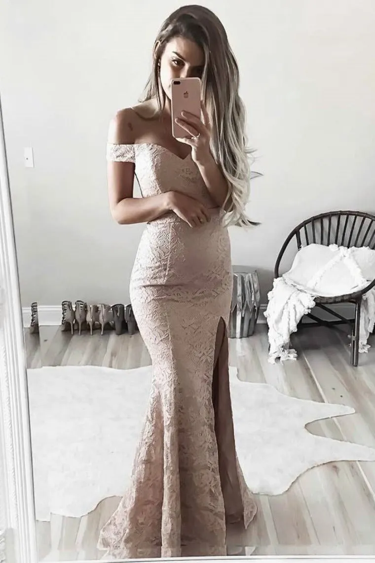 2024 Off The Shoulder Mermaid Prom Dresses Lace With Slit Sweep Train
