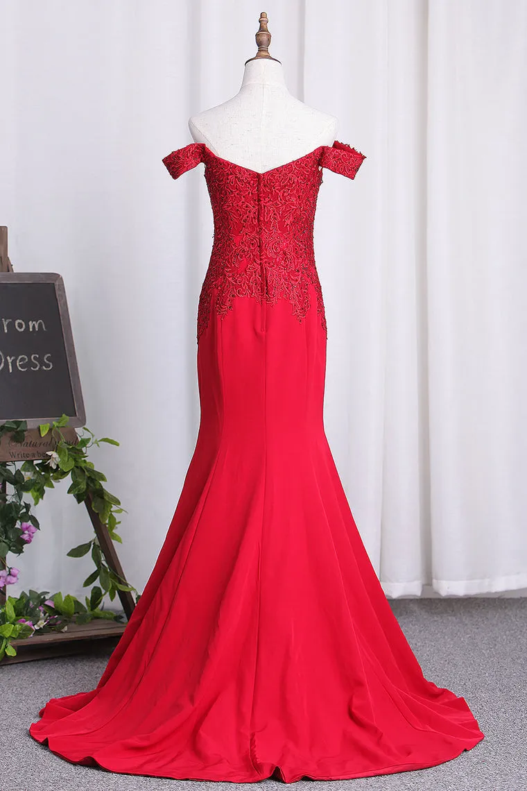 2024 Off The Shoulder Mermaid Satin Evening Dresses With Applique