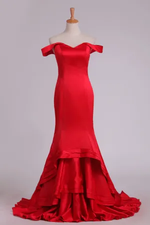 2024 Off The Shoulder Prom Dresses Satin Sweep Train Mermaid