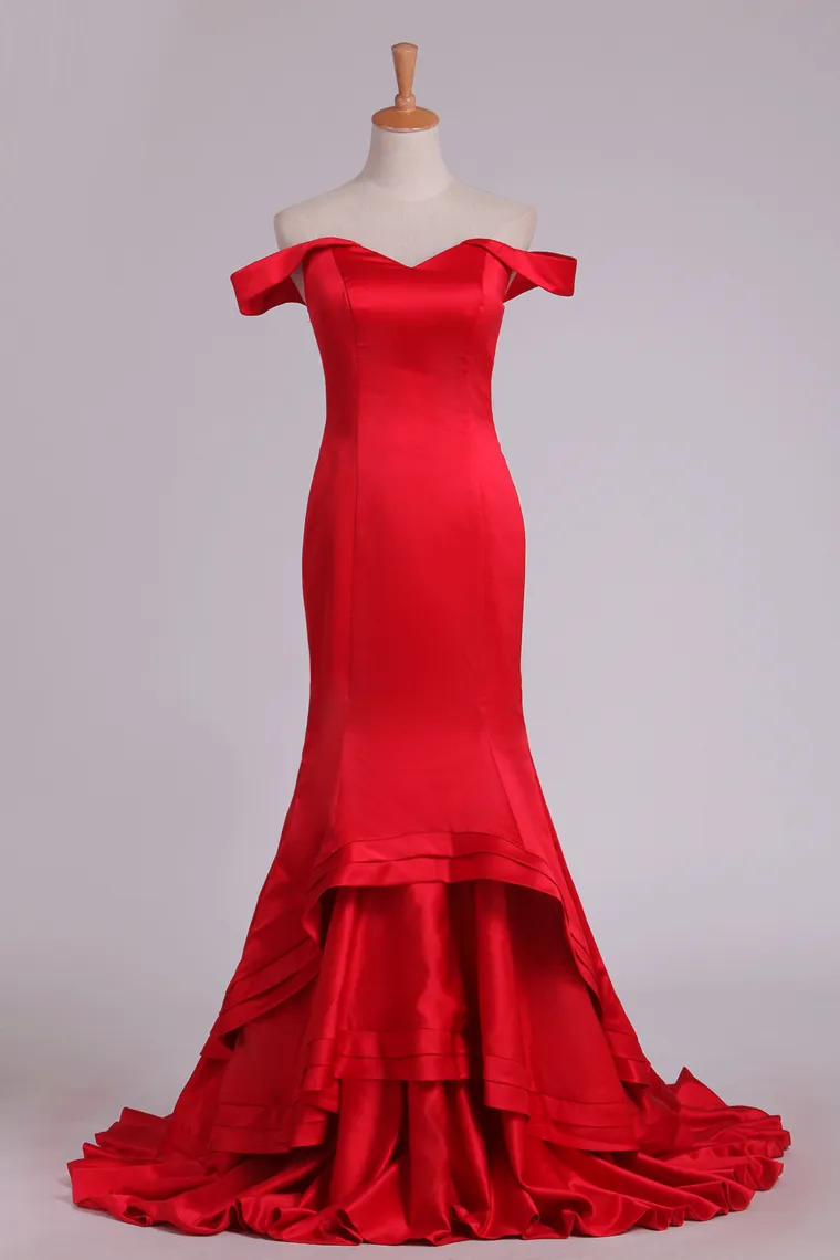2024 Off The Shoulder Prom Dresses Satin Sweep Train Mermaid