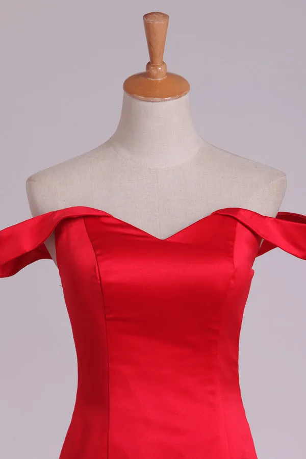 2024 Off The Shoulder Prom Dresses Satin Sweep Train PP17BEH7