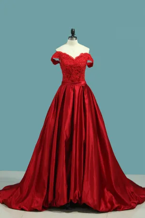 2024 Prom Dresses A Line Off The Shoulder Satin With Applique