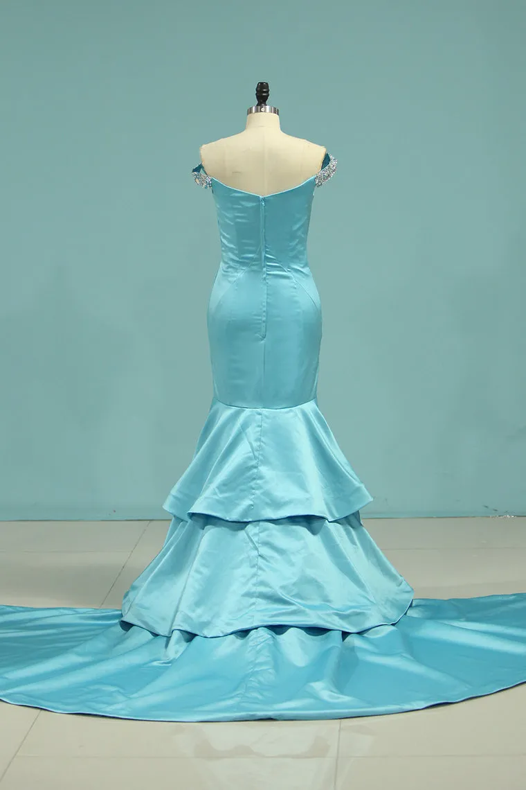 2024 Prom Dresses Off The Shoulder Satin With Ruffles Beads Slit