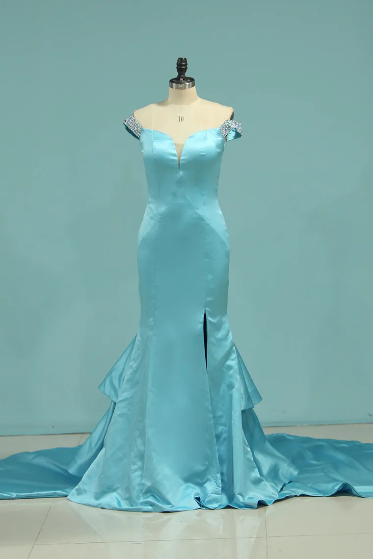 2024 Prom Dresses Off The Shoulder Satin With Ruffles Beads Slit