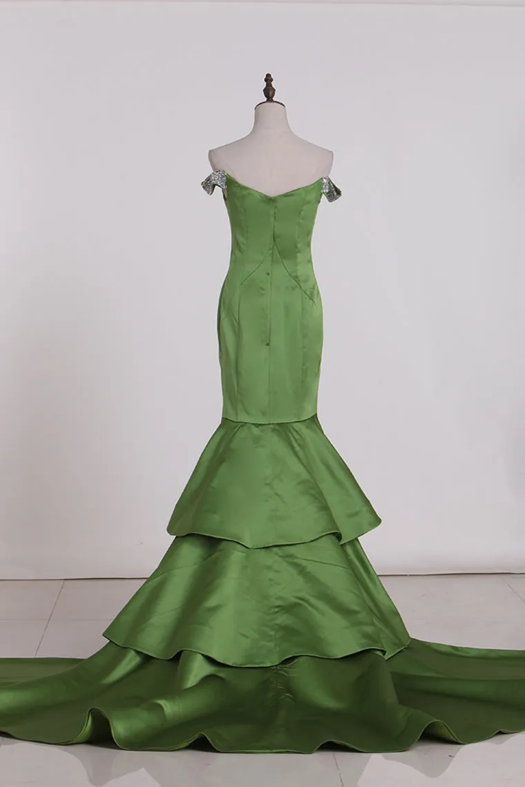 2024 Prom Dresses Off The Shoulder Satin With Ruffles Beads Slit