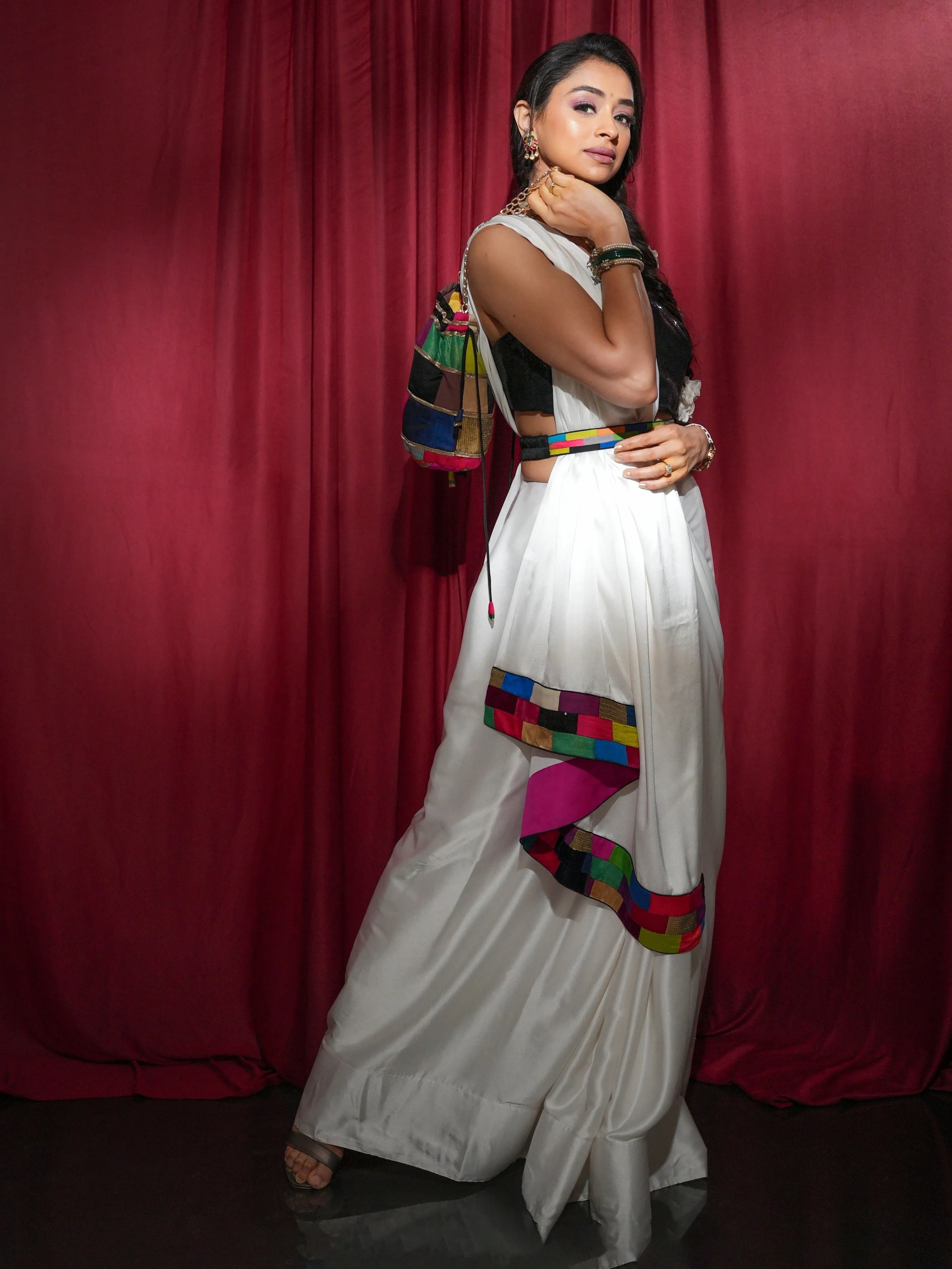 3 Pc SET - Rainbow Pride Satin Saree With Belt And Blouse Fabric