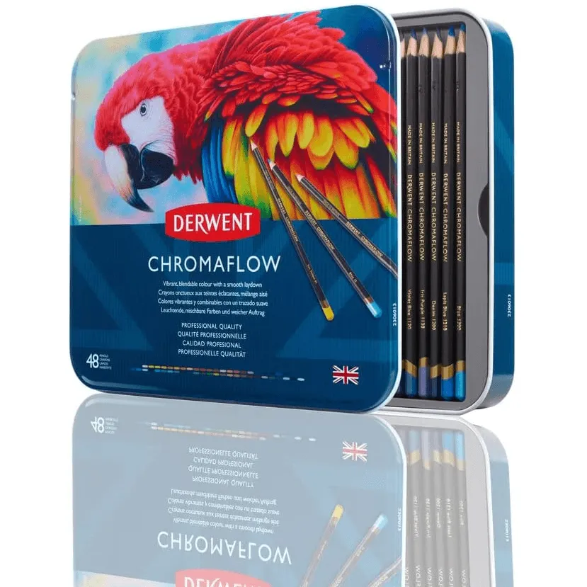 48 Derwent ChromaFlow Coloured Artists Pencils Tin Set Professional