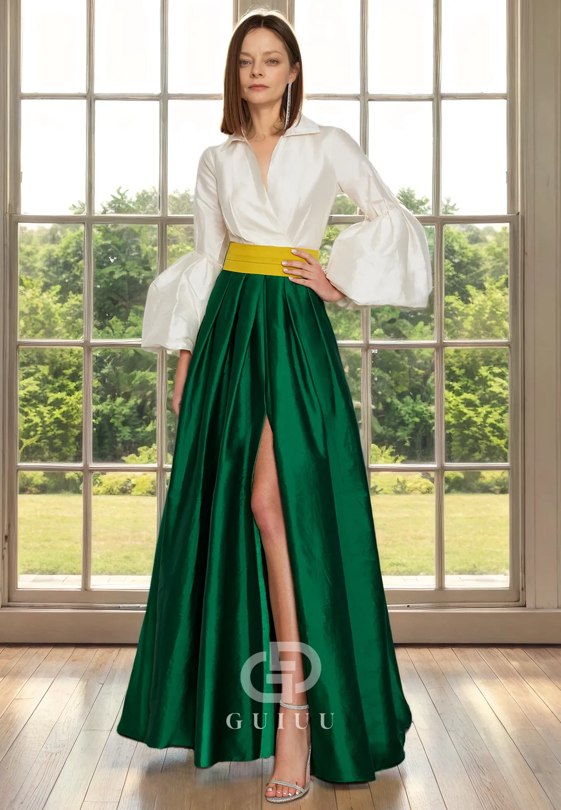 A-Line Long Lantern Sleeves Wedding Guest Mother of Bride Dress