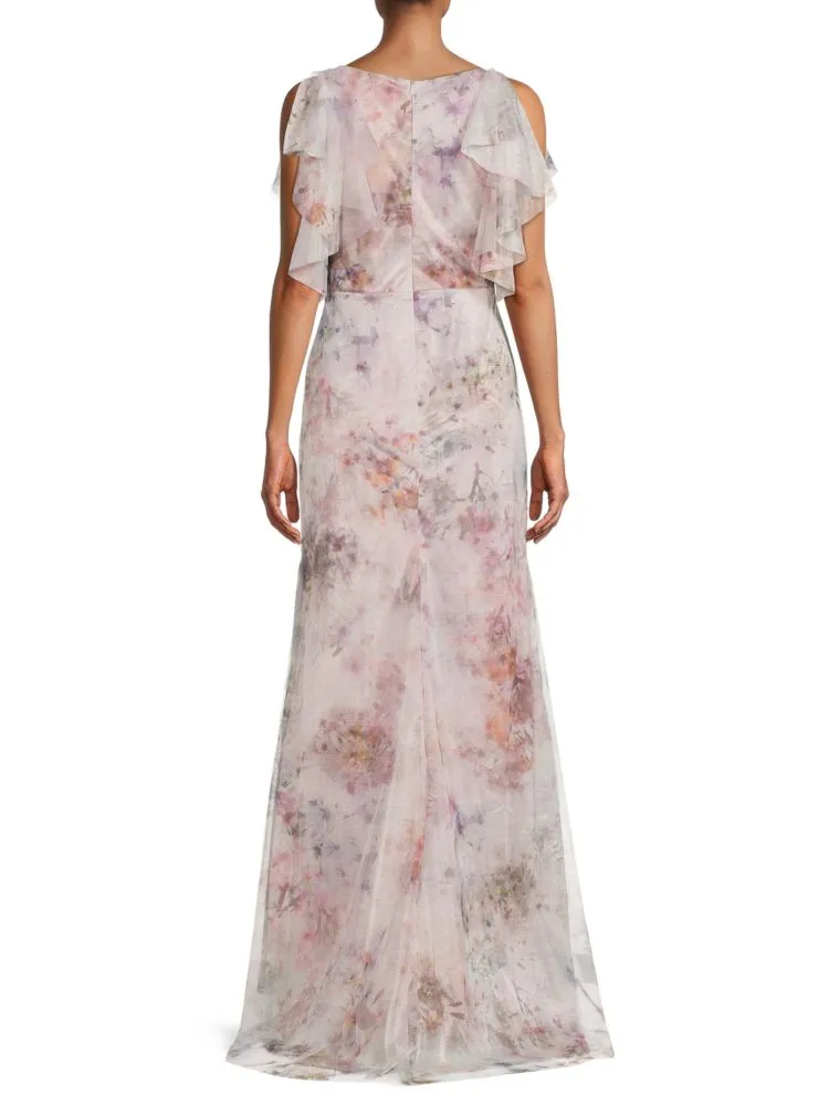 Abstract dress with metallic ruffles Rene Ruiz Collection, Floral color