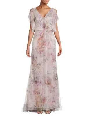 Abstract dress with metallic ruffles Rene Ruiz Collection, Floral color
