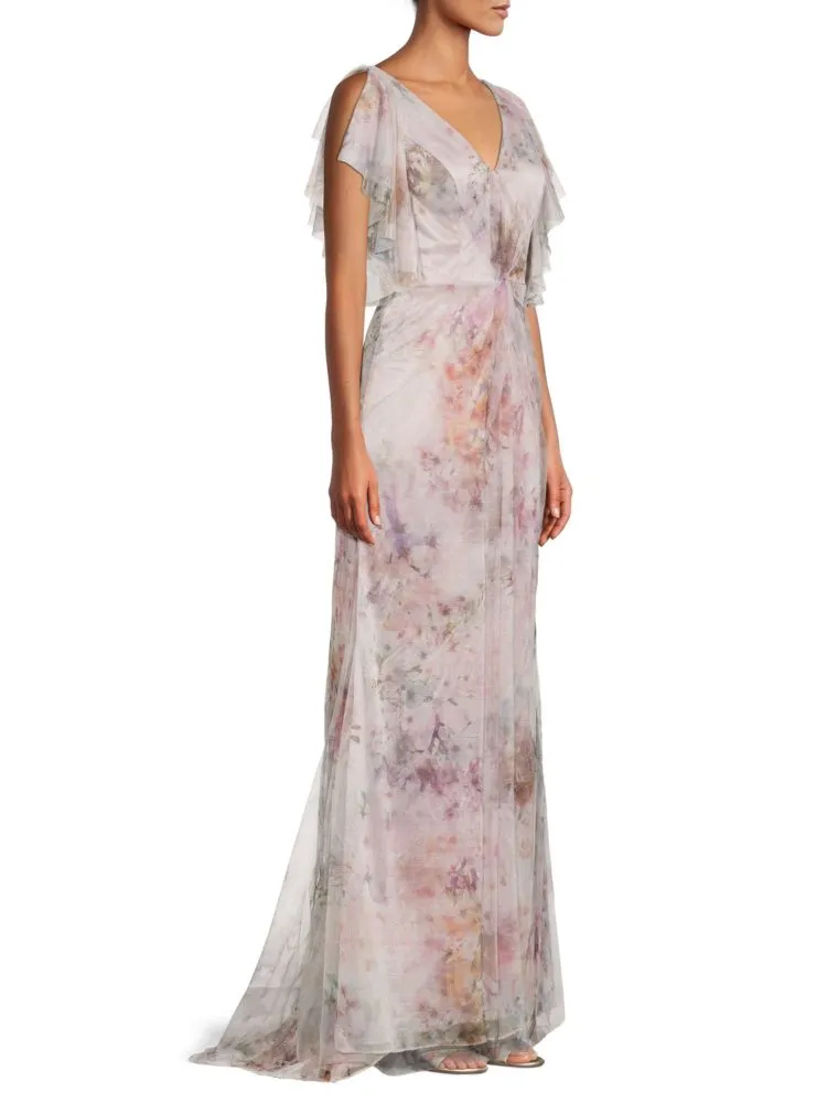 Abstract dress with metallic ruffles Rene Ruiz Collection, Floral color