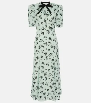 Alessandra Rich Floral Silk Maxi Dress with Puff Sleeves multicolor