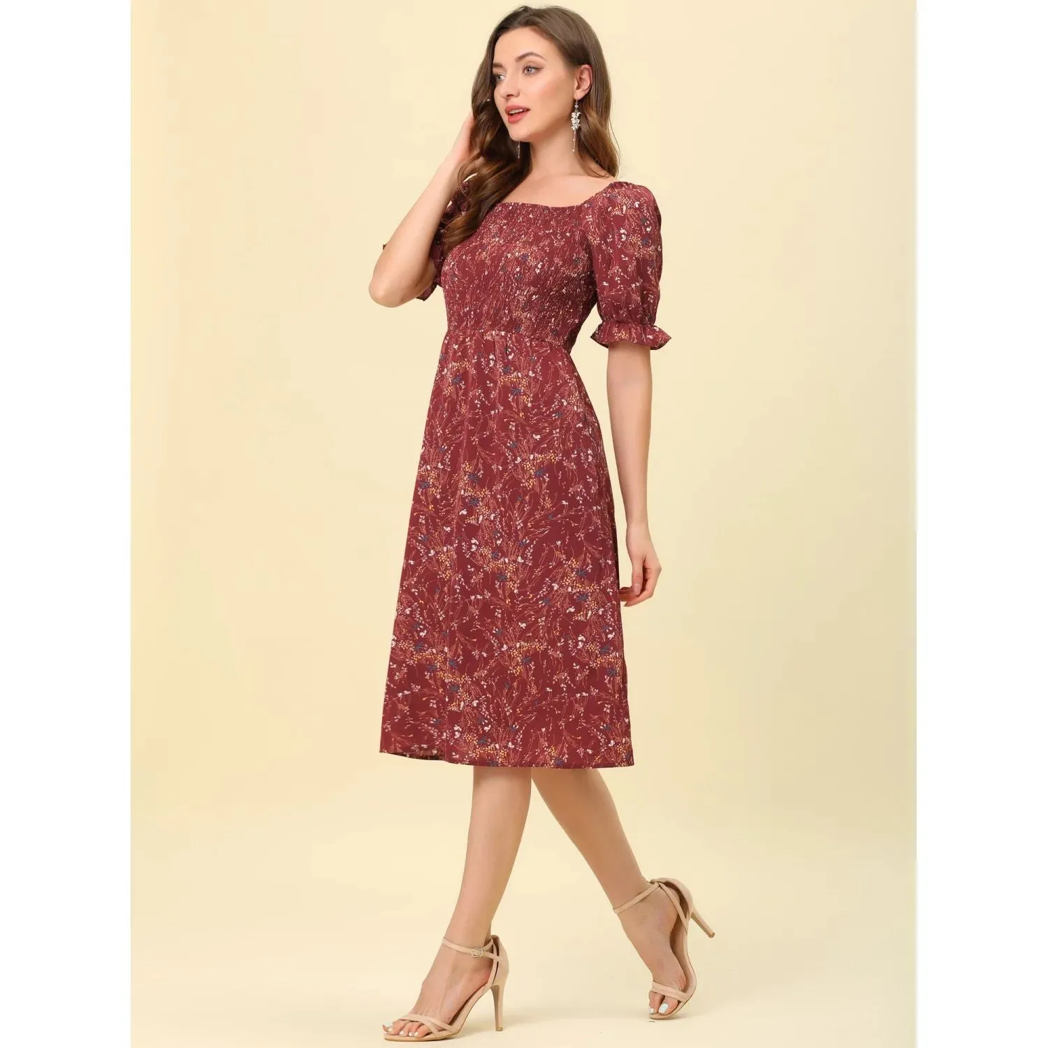ALLEGRA K Women Summer Square Neck Short Puff Sleeve Floral Midi Dress ,  pink