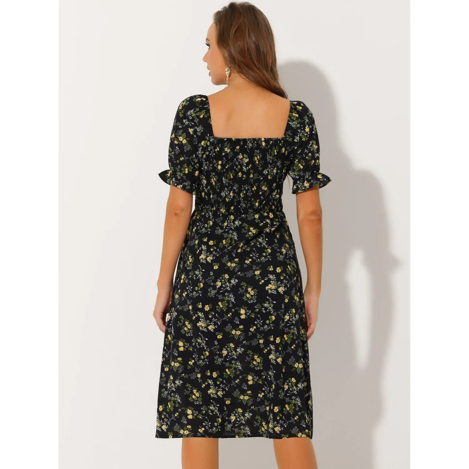 ALLEGRA K Women Summer Square Neck Short Puff Sleeve Floral Midi Dress ,  pink