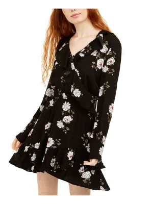 AMERICAN RAG Womens Black Ruffled Elastic Waist Floral Cuffed Sleeve Surplice Neckline Short Party Faux Wrap Dress