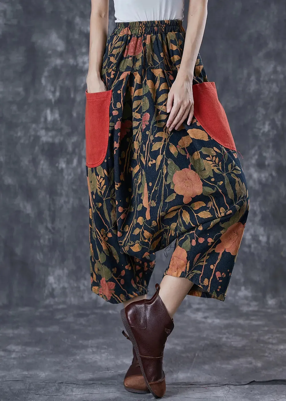 Art Khaki Print Cotton Harem Pants