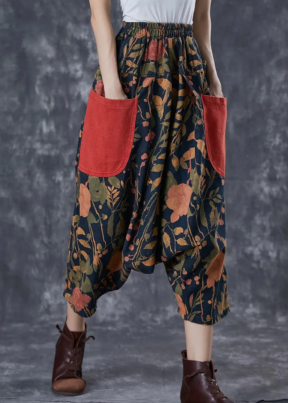 Art Khaki Print Cotton Harem Pants