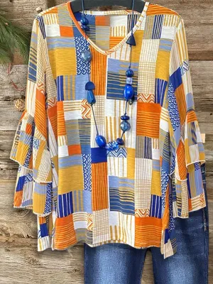 Artistic Colorful Plaid Ruffle Sleeve Blouse