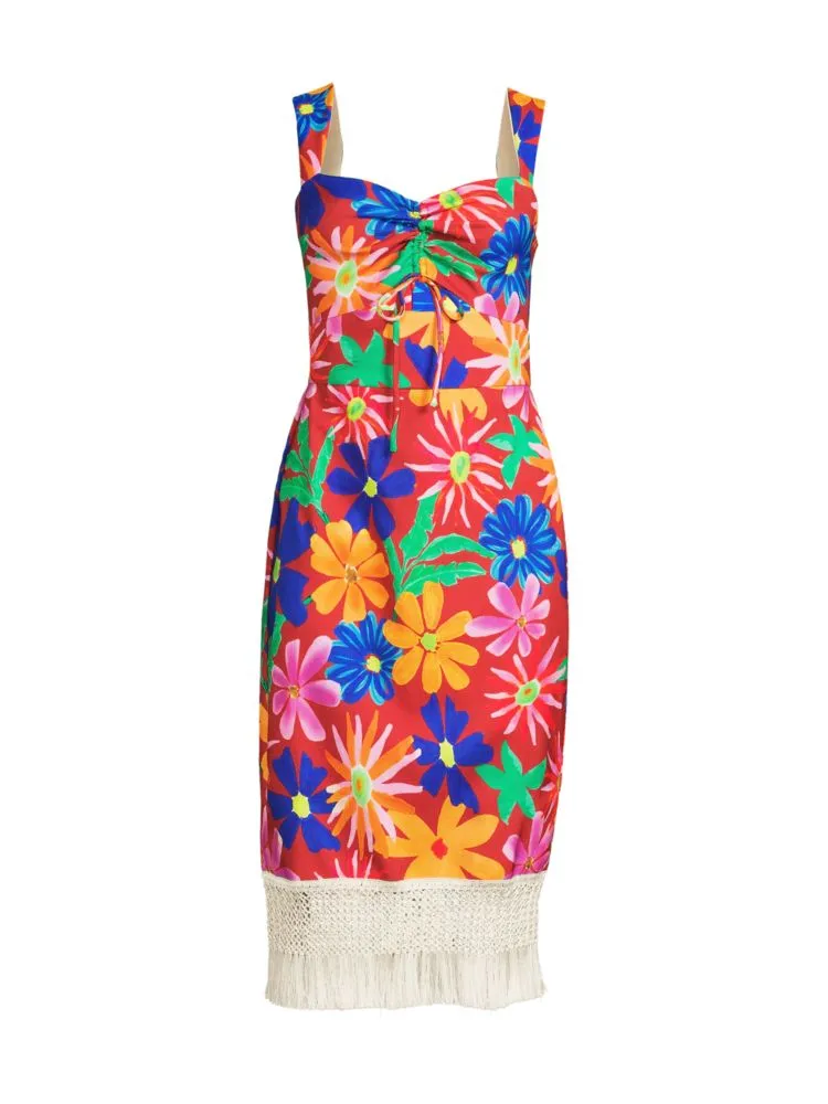 Aster Patbo Floral Fringe Sheath Midi Dress in Red Multi