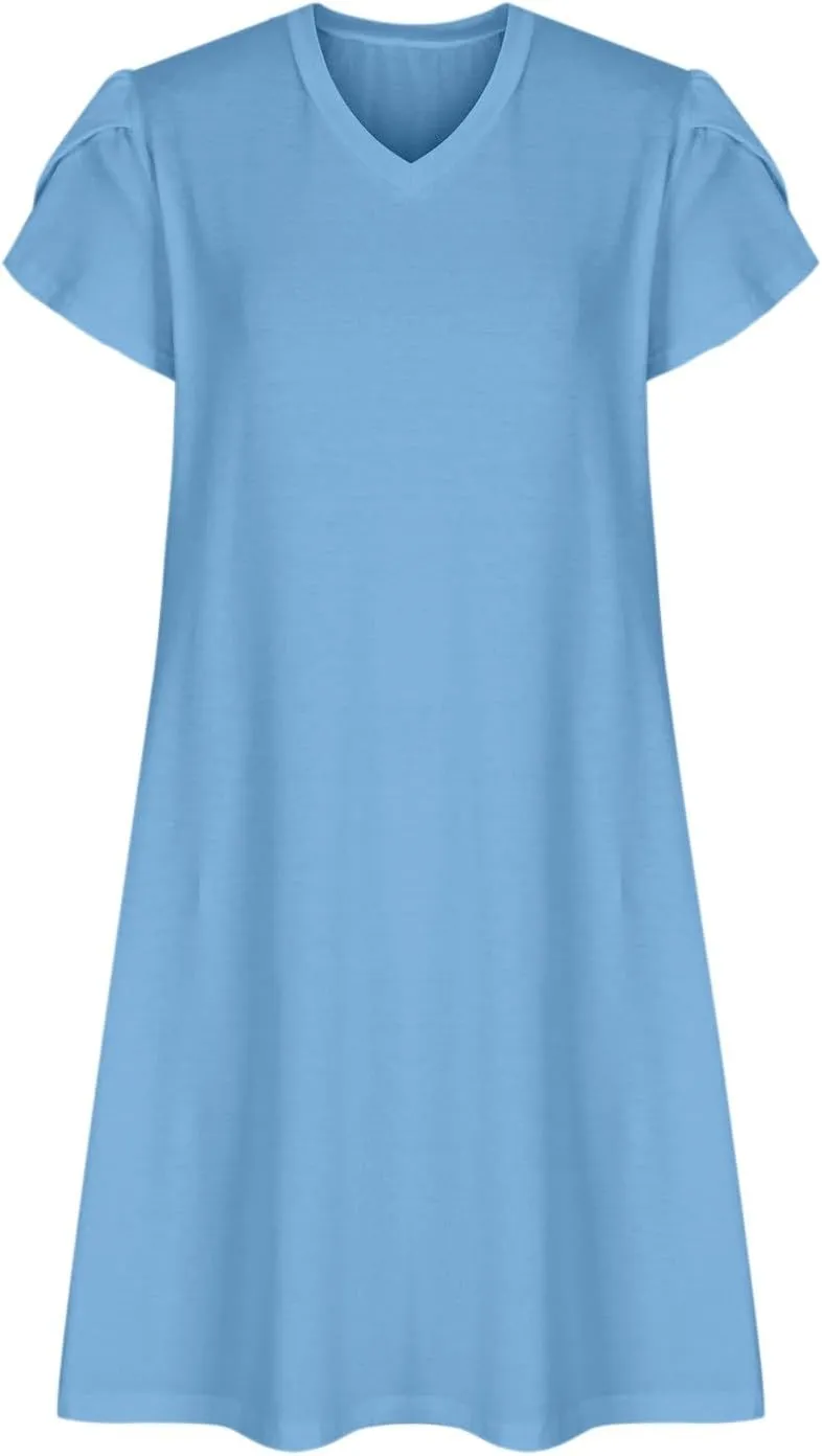 Beach Dresses for Women 2025 Summer Solid Basic Mini Dress Casual V Neck Short Sleeve Dresses with Pockets