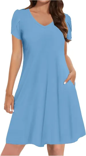Beach Dresses for Women 2025 Summer Solid Basic Mini Dress Casual V Neck Short Sleeve Dresses with Pockets