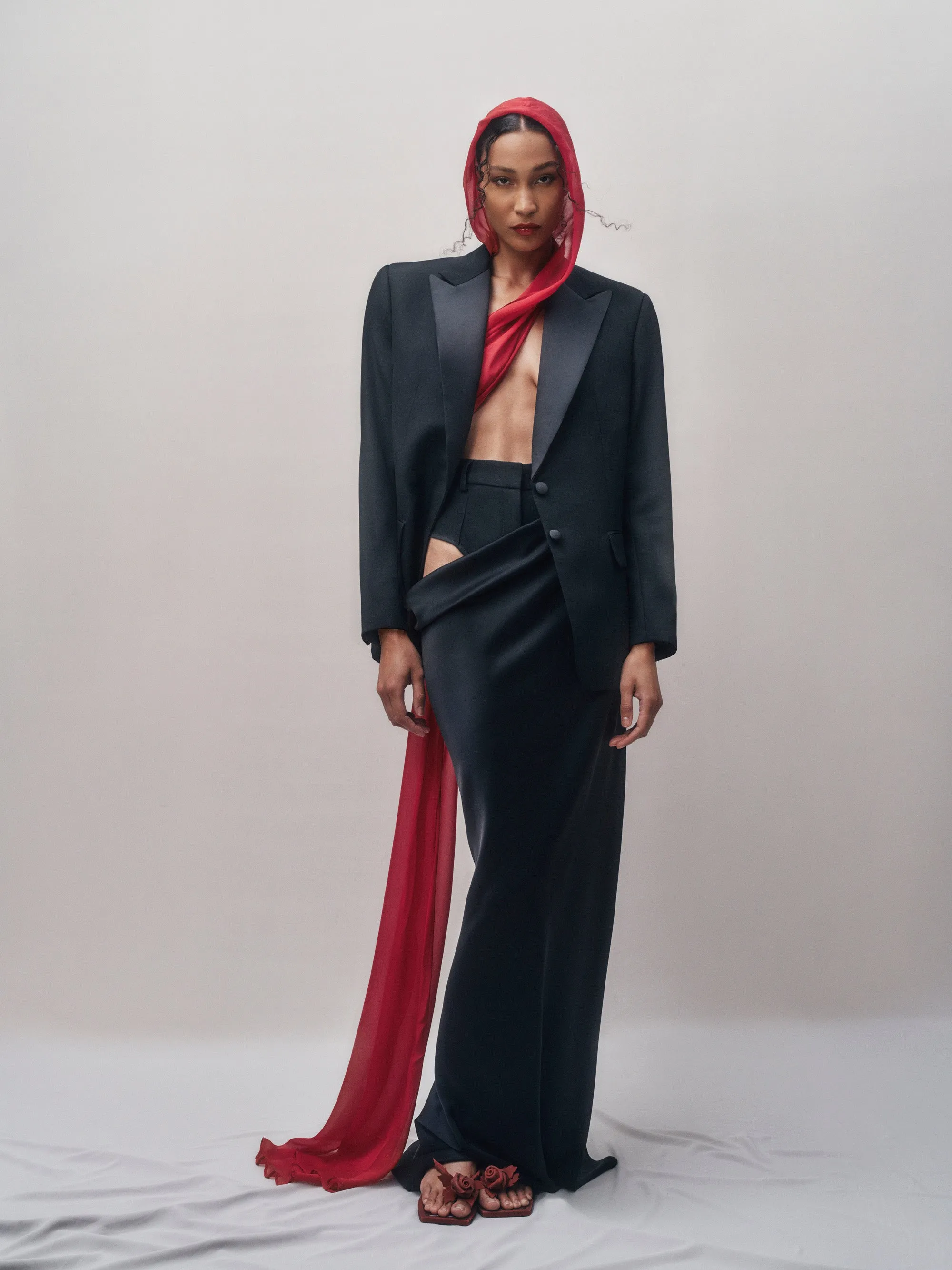 Bella Hooded Blazer - Black/Red Scarf