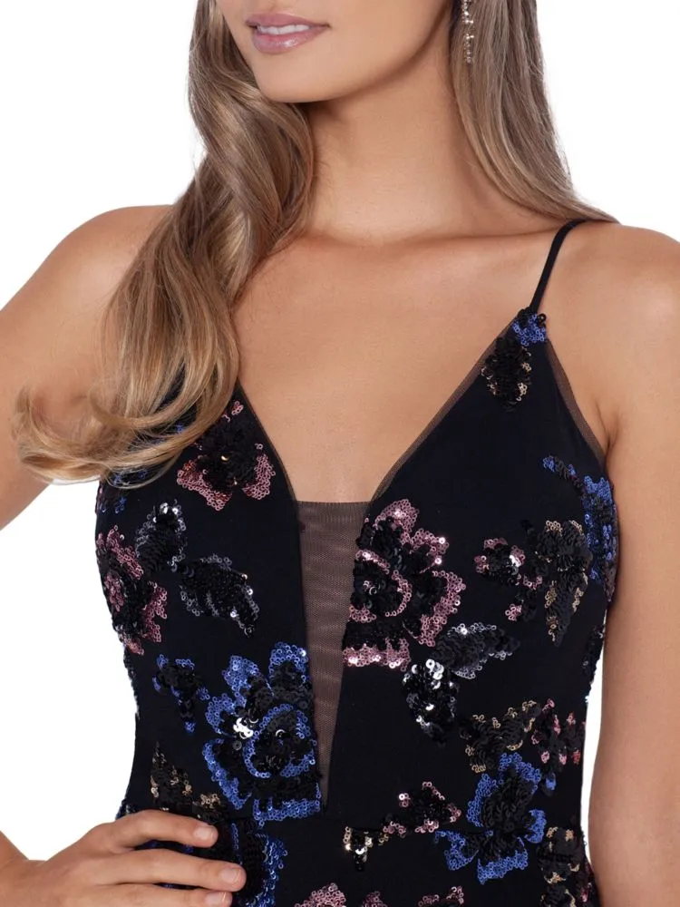 Betsy & Adam Floral Sequin Sheath Dress in Black Rose