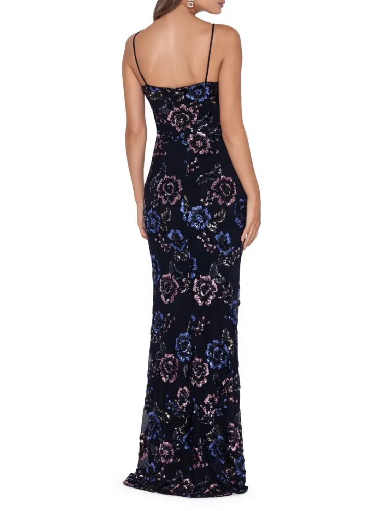 Betsy & Adam Floral Sequin Sheath Dress in Black Rose