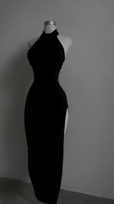 Black Halter Sheath Long Evening Party Dress with Split, MD7980