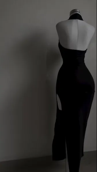 Black Halter Sheath Long Evening Party Dress with Split, MD7980