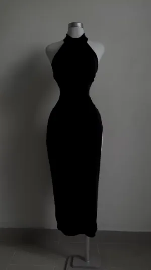 Black Halter Sheath Long Evening Party Dress with Split, MD7980