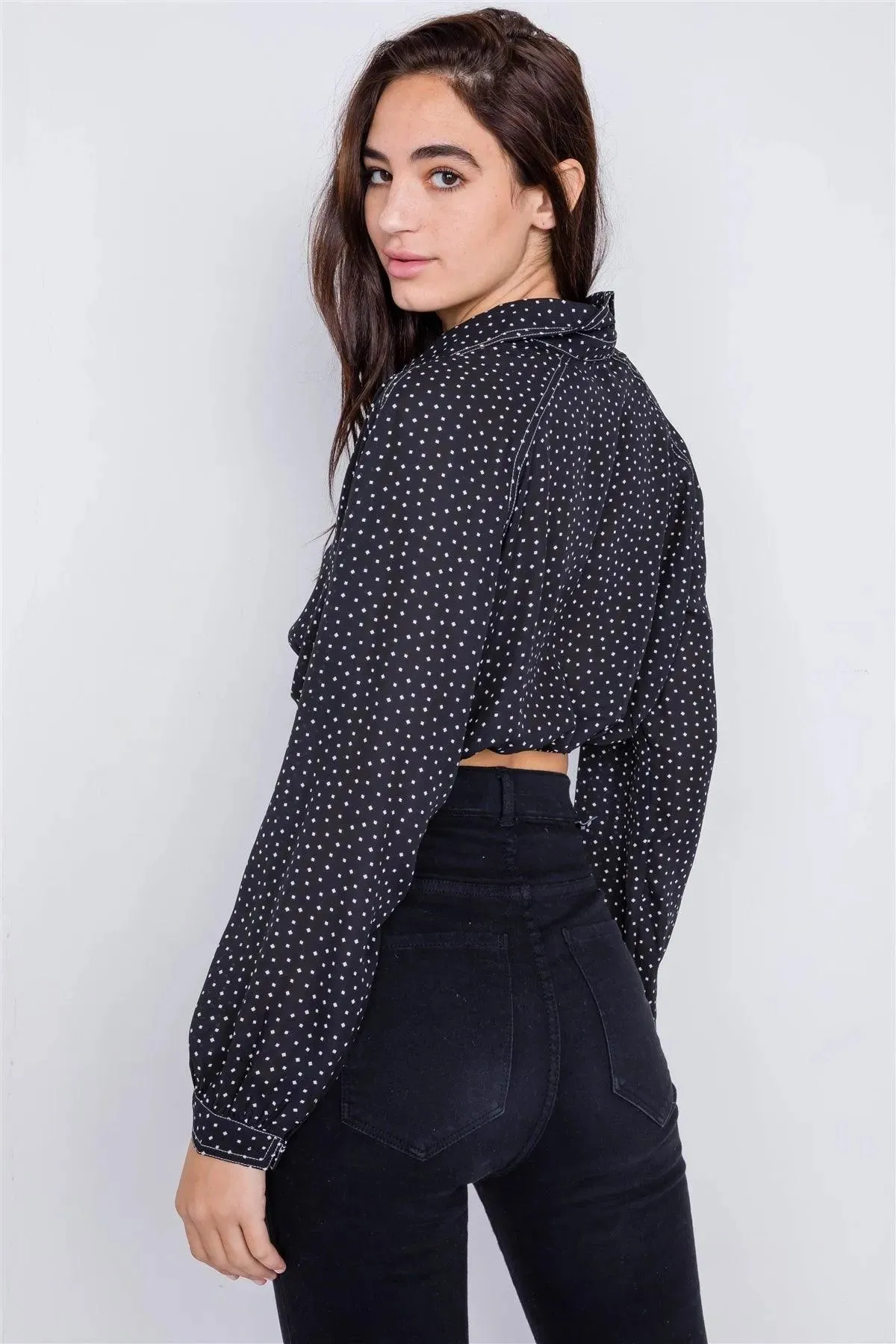 Black Polkadot Contrast Stitching Chiffon Crop Top /3-2-1