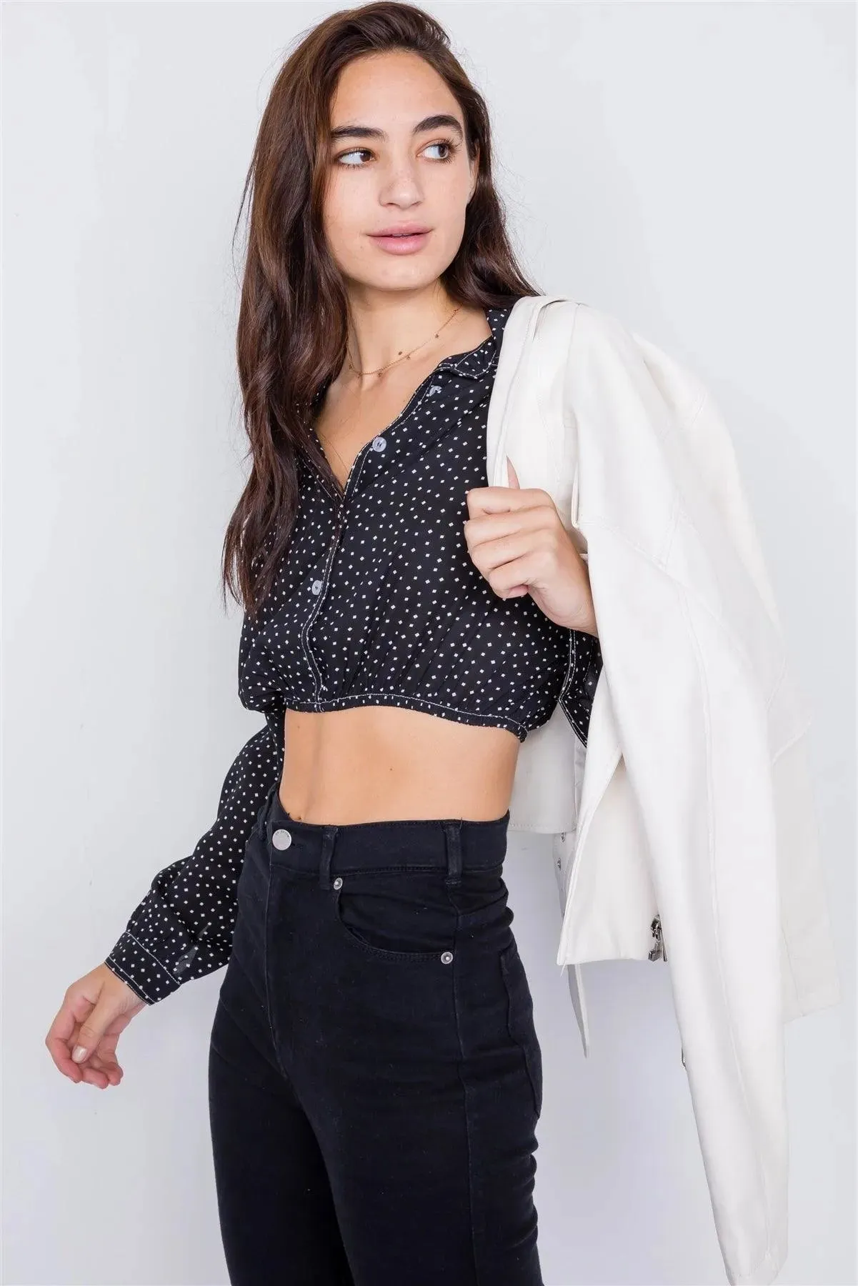 Black Polkadot Contrast Stitching Chiffon Crop Top /3-2-1