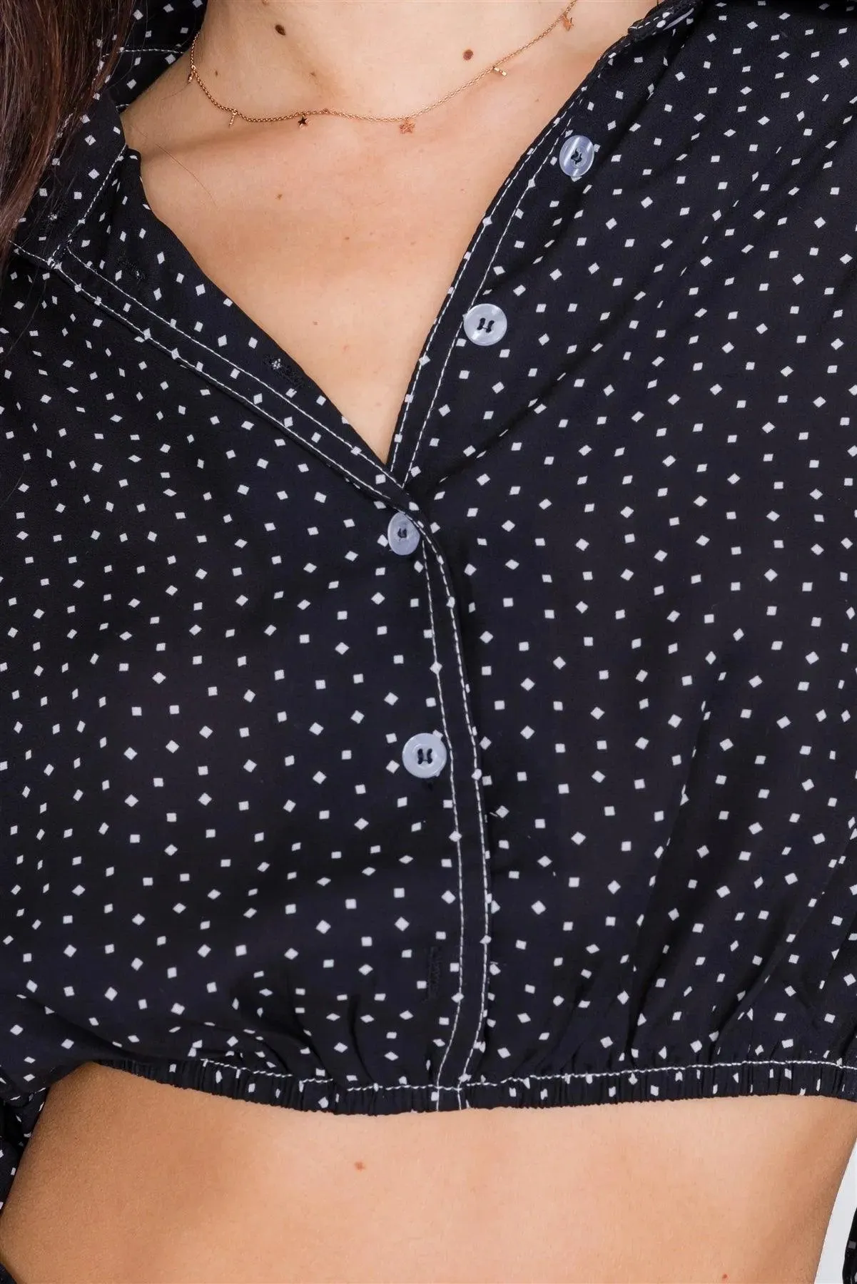 Black Polkadot Contrast Stitching Chiffon Crop Top /3-2-1