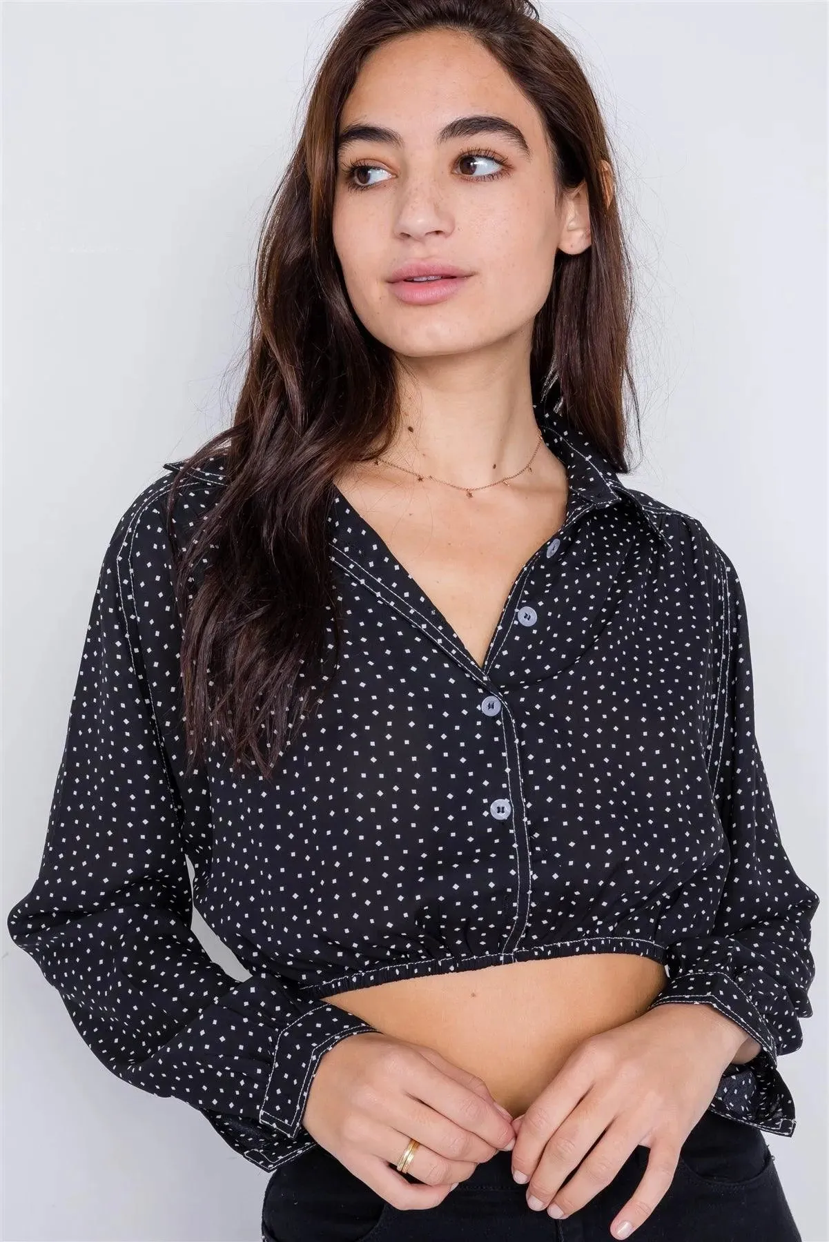 Black Polkadot Contrast Stitching Chiffon Crop Top /3-2-1