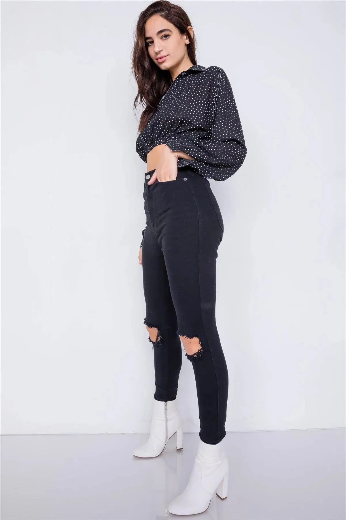 Black Polkadot Contrast Stitching Chiffon Crop Top /3-2-1