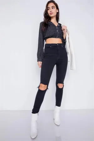 Black Polkadot Contrast Stitching Chiffon Crop Top /3-2-1