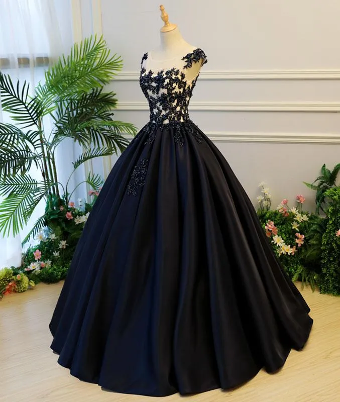 Black round neck satin long prom gown, black evening dress M4819