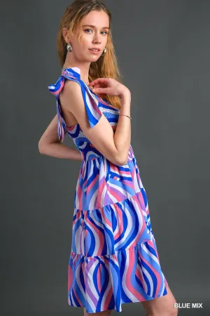 Blue Mix Smocked Abstract Swirl Print Dress