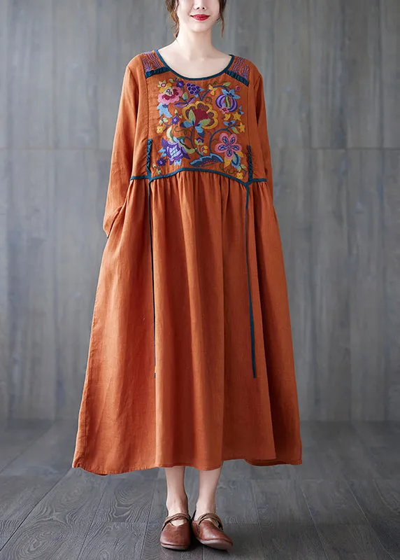 Boho Orange O Neck Embroidered Patchwork Cotton Dress Spring TZ045