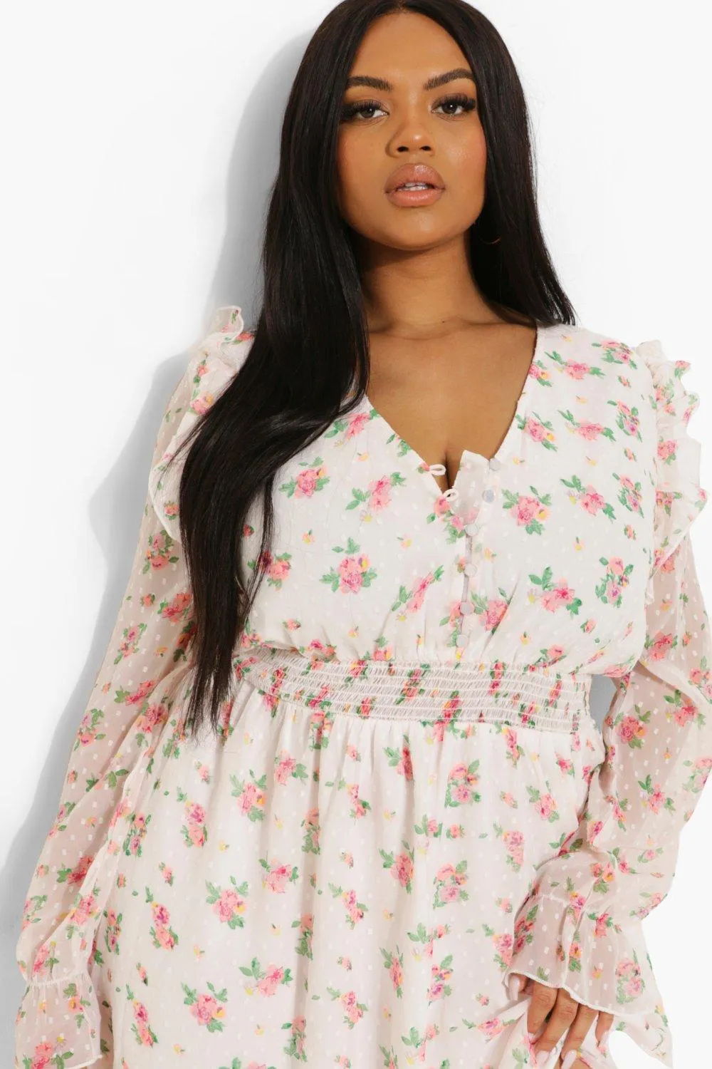 Boohoo Floral Dobby Skater Dress, White