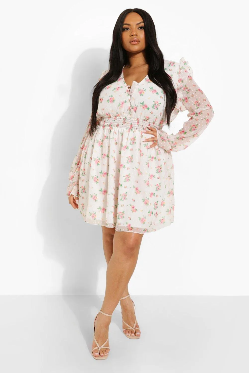 Boohoo Floral Dobby Skater Dress, White