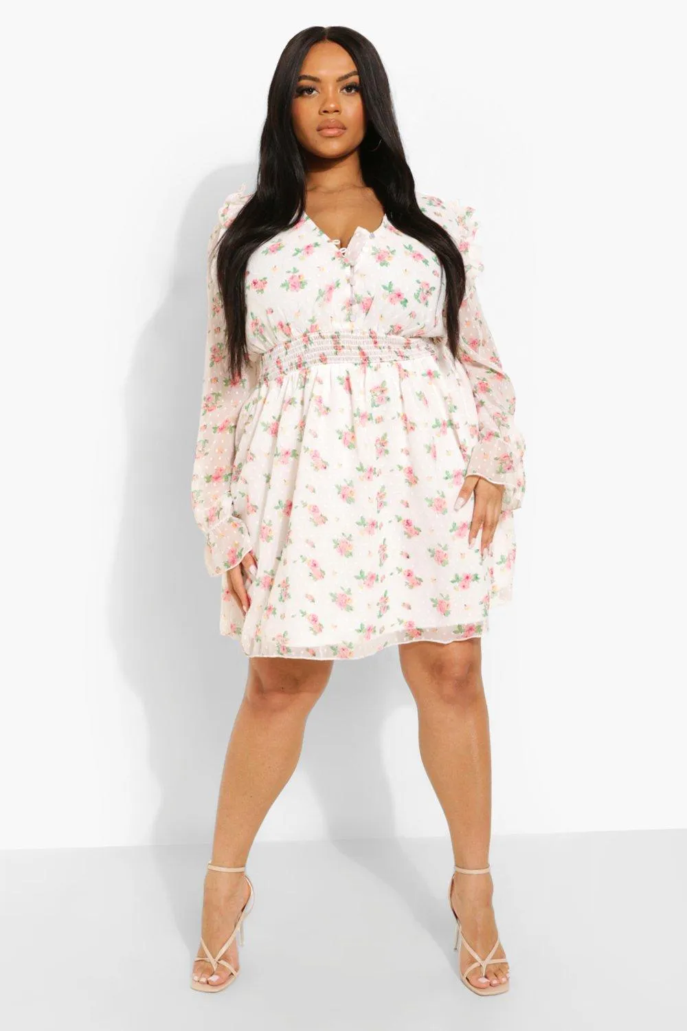 Boohoo Floral Dobby Skater Dress, White
