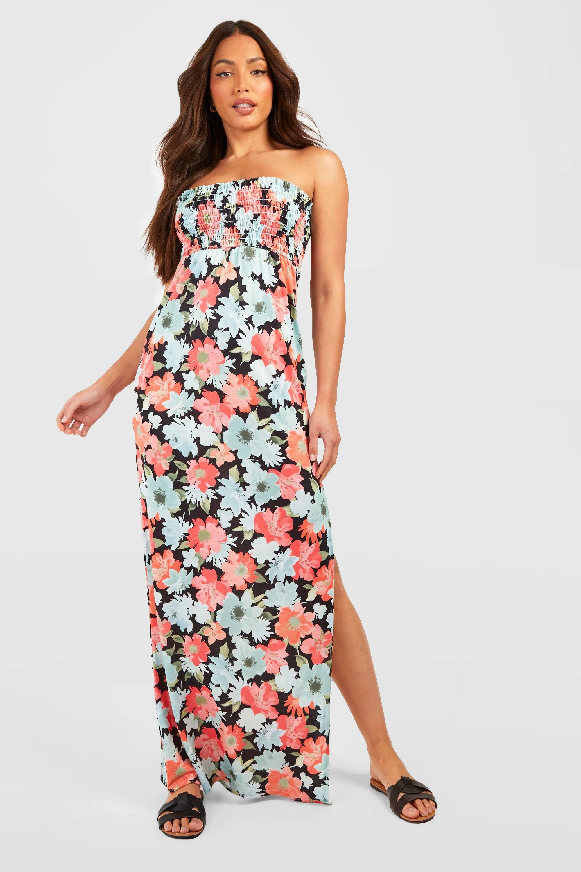 Boohoo Floral High Bandeau Dress, Black