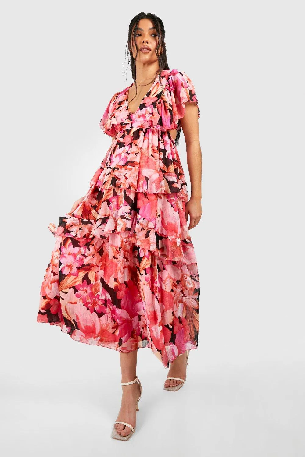 Boohoo Floral Orush Maternity Midi Dress, Black