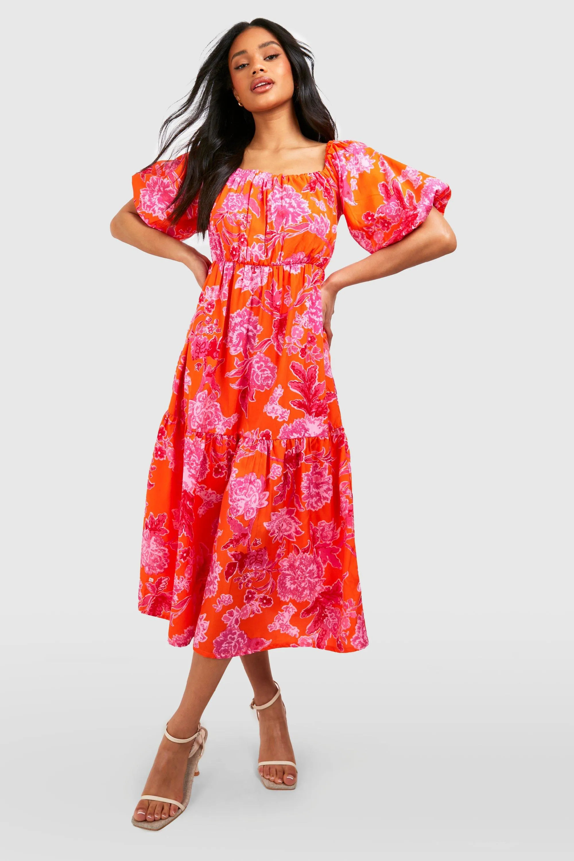 Boohoo Floral Sleeve Skater Dress, Orange