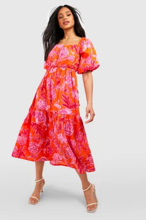 Boohoo Floral Sleeve Skater Dress, Orange