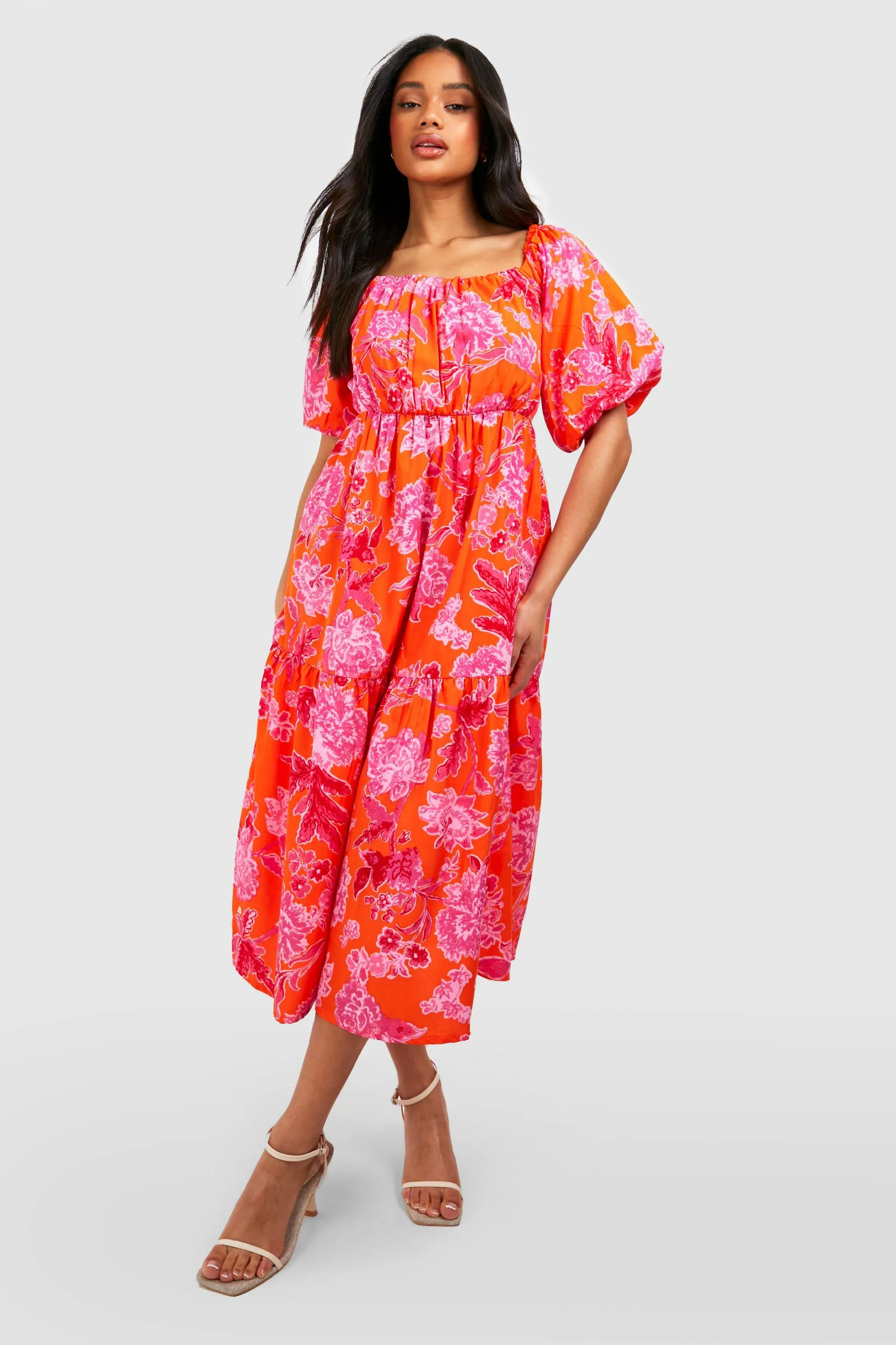 Boohoo Floral Sleeve Skater Dress, Orange